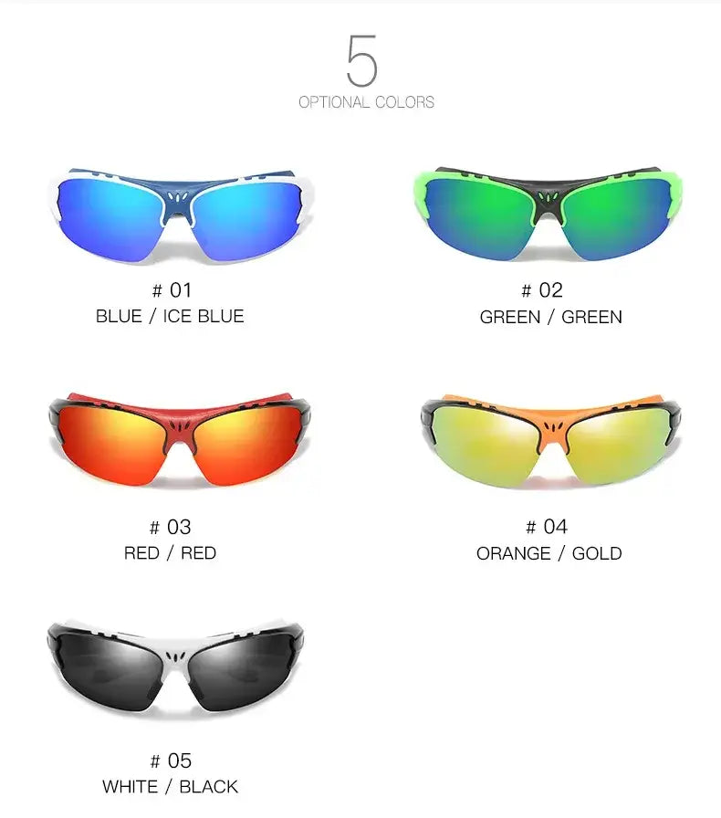 Sporty polarized cycling glasses in five vibrant colors including blue, green, red, orange, and white for men and women