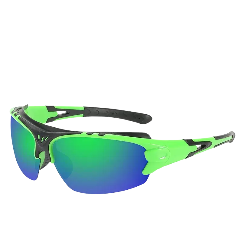 Cycling glasses polarized sports sunglasses for men and women with vibrant neon green black frame and blue green mirrored lenses
