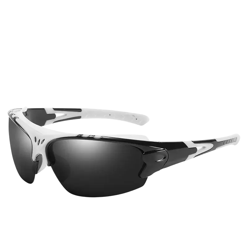 White-framed cycling glasses with polarized black mirrored lenses designed for sports and sunglasses fishing use