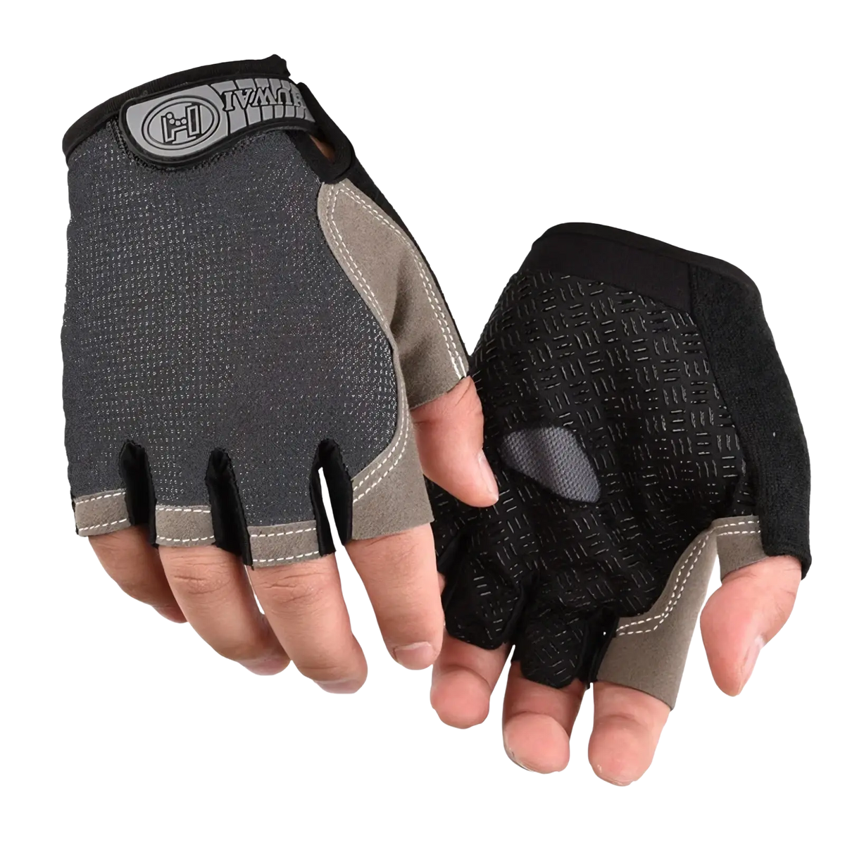 Black and gray breathable fingerless cycling gloves with textured grip panels and reinforced stitching for fitness workouts