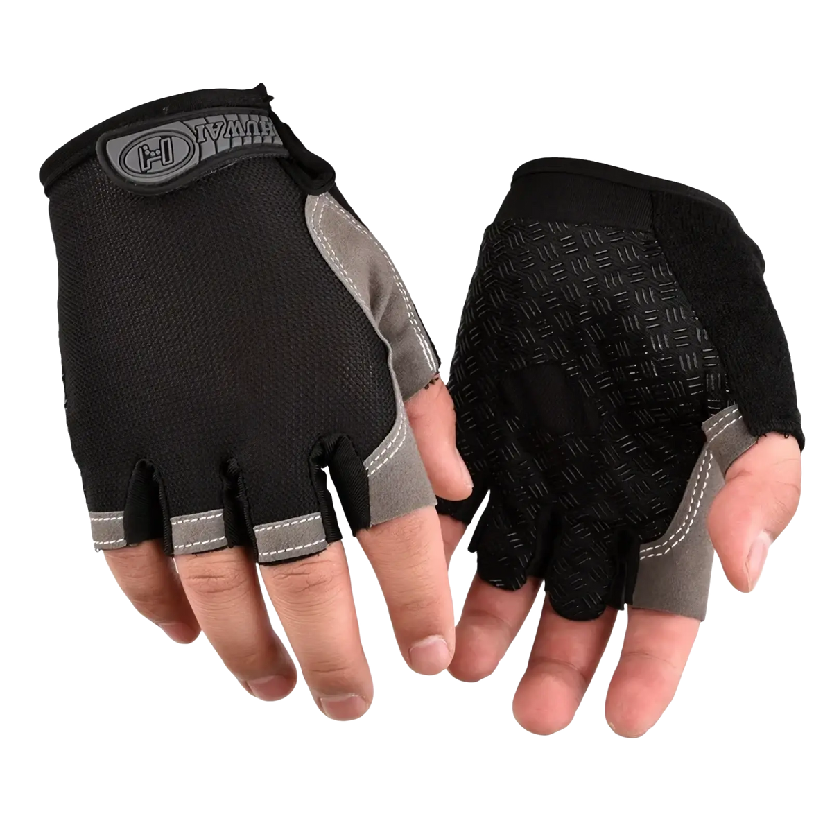Breathable black and gray cycling gloves with half finger design and textured grip on the palm for fitness workouts