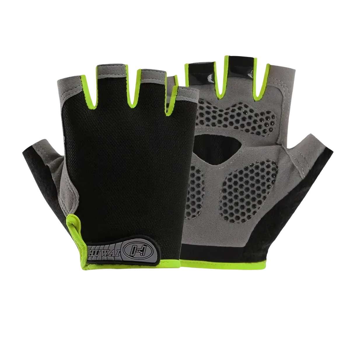 Black and gray breathable fingerless cycling gloves with neon green accents and perforated grip panels shown from back side