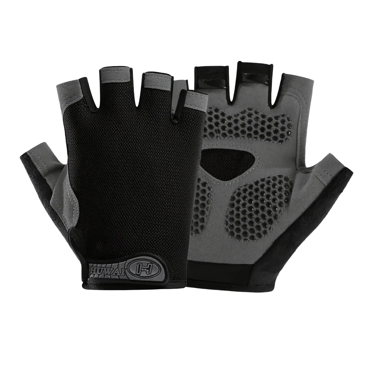 Black and gray breathable half finger cycling gloves with textured grip panels on the palm for fitness workouts