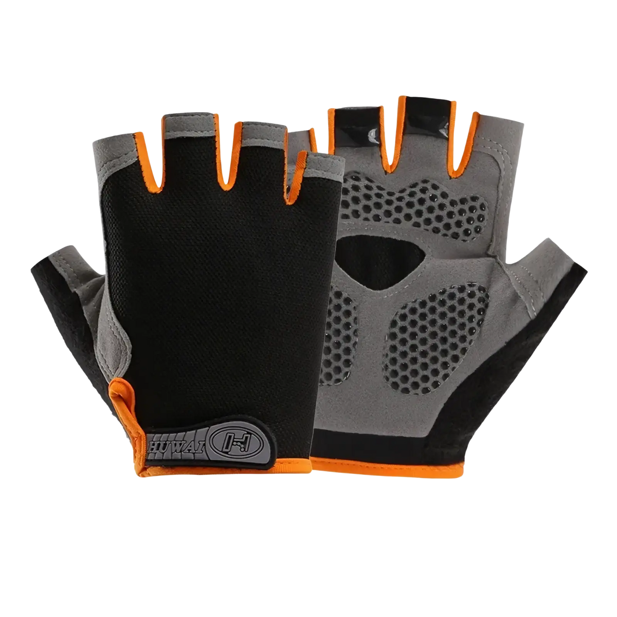Breathable black and gray fingerless cycling gloves with orange trim and textured palm grip for fitness workouts