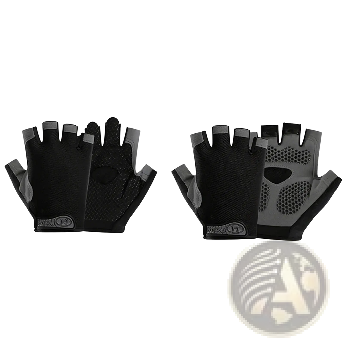 Black and gray fingerless cycling gloves with breathable fabric and textured grip pads on the palms for fitness workouts