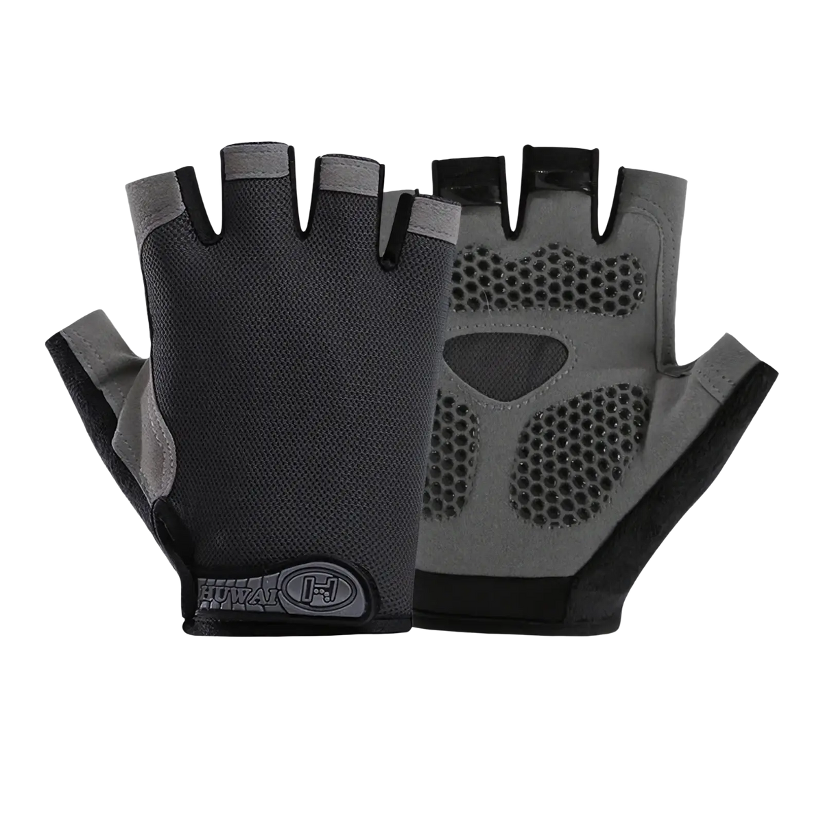 Black and gray breathable cycling gloves with textured grip pads on palm for fitness workout and half finger design