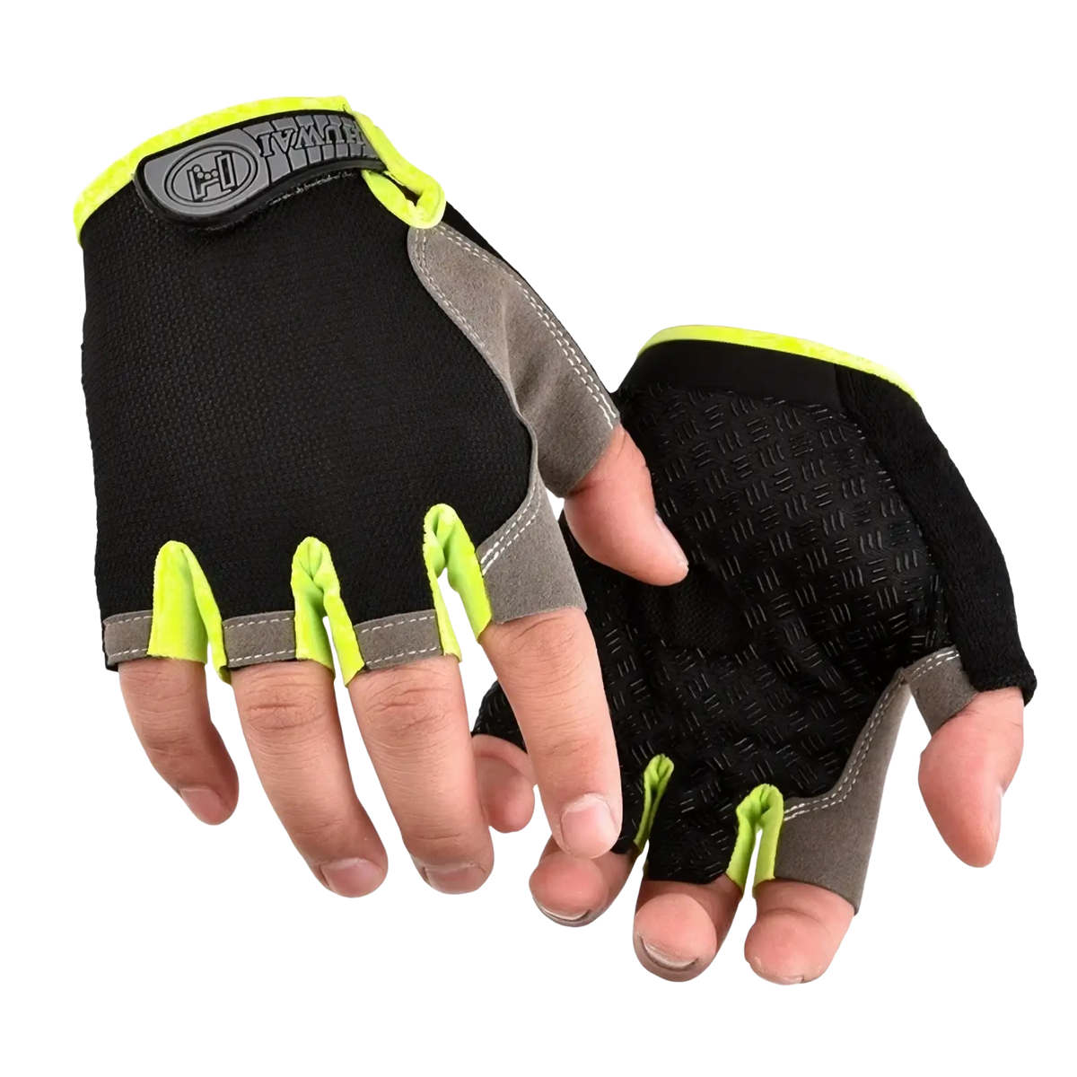 Black and neon green breathable fingerless cycling gloves with gray reinforced panels for fitness workout back side view