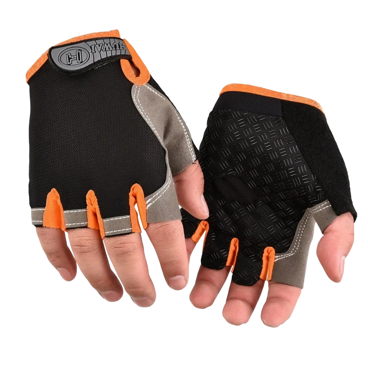 Cycling gloves breathable half finger in black and orange with textured grip panels and gray reinforced stitching back side view