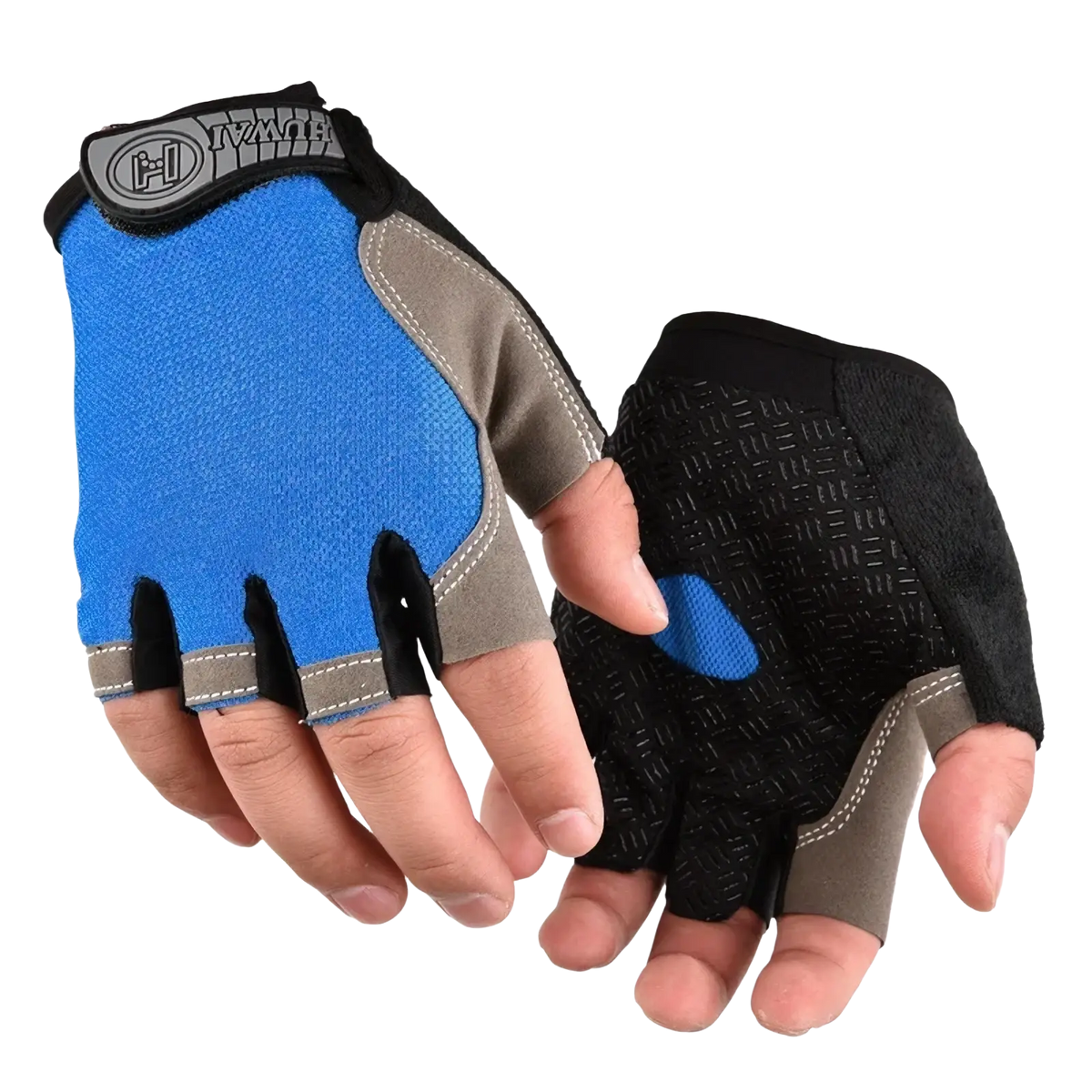 Blue and black breathable half finger cycling gloves with gray accents and textured palm grip for fitness workout use