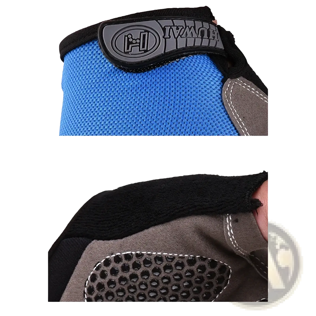 Back side of blue and black breathable cycling glove with mesh fabric, padded gray sections, and branded logo patch
