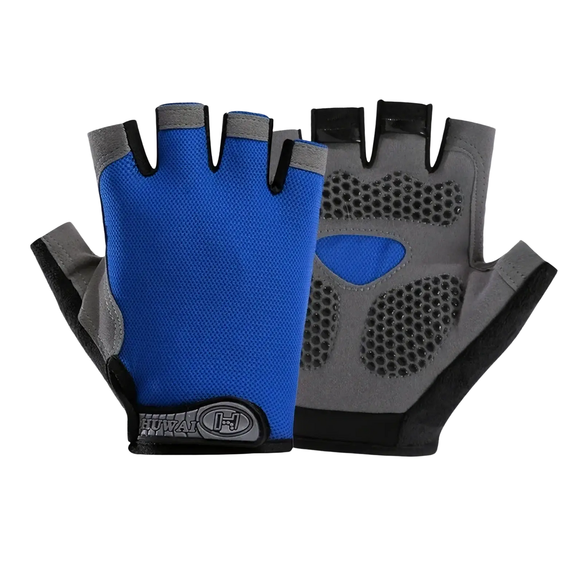 Blue and gray fingerless breathable cycling gloves with textured grip panels for fitness workout use, back side shown