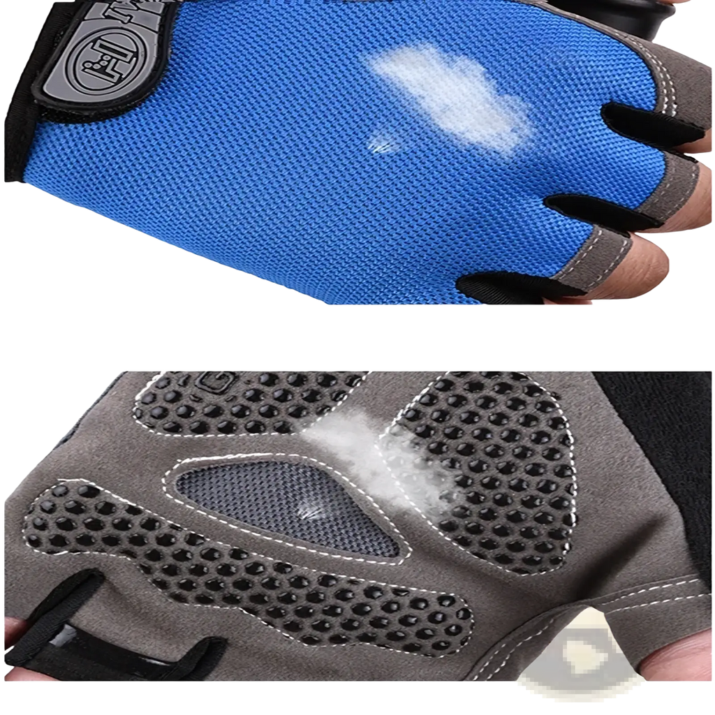 Cycling gloves breathable half finger fitness workout in blue and gray with mesh fabric and shock absorbing palm visible from the back