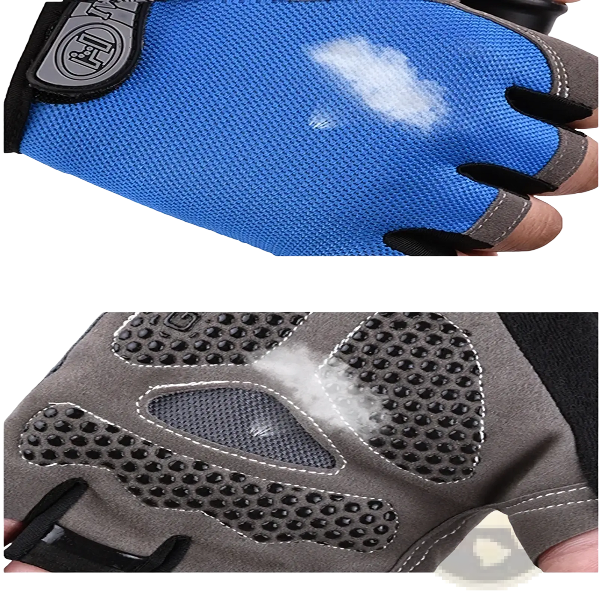 Cycling gloves breathable half finger fitness workout in blue and gray with mesh fabric and shock absorbing palm visible from the back