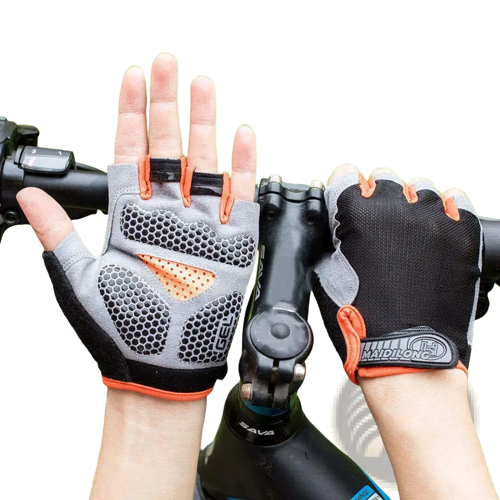 Gray and black cycling gloves with orange accents breathable mesh panels and madlong logo shown from the back side