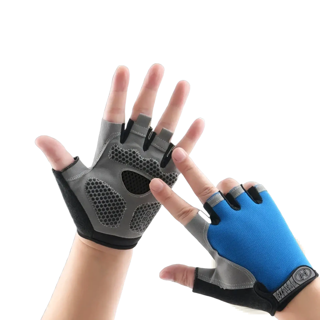 Gray and blue cycling gloves breathable half finger workout with fingerless design mesh panels and adjustable velcro straps back view