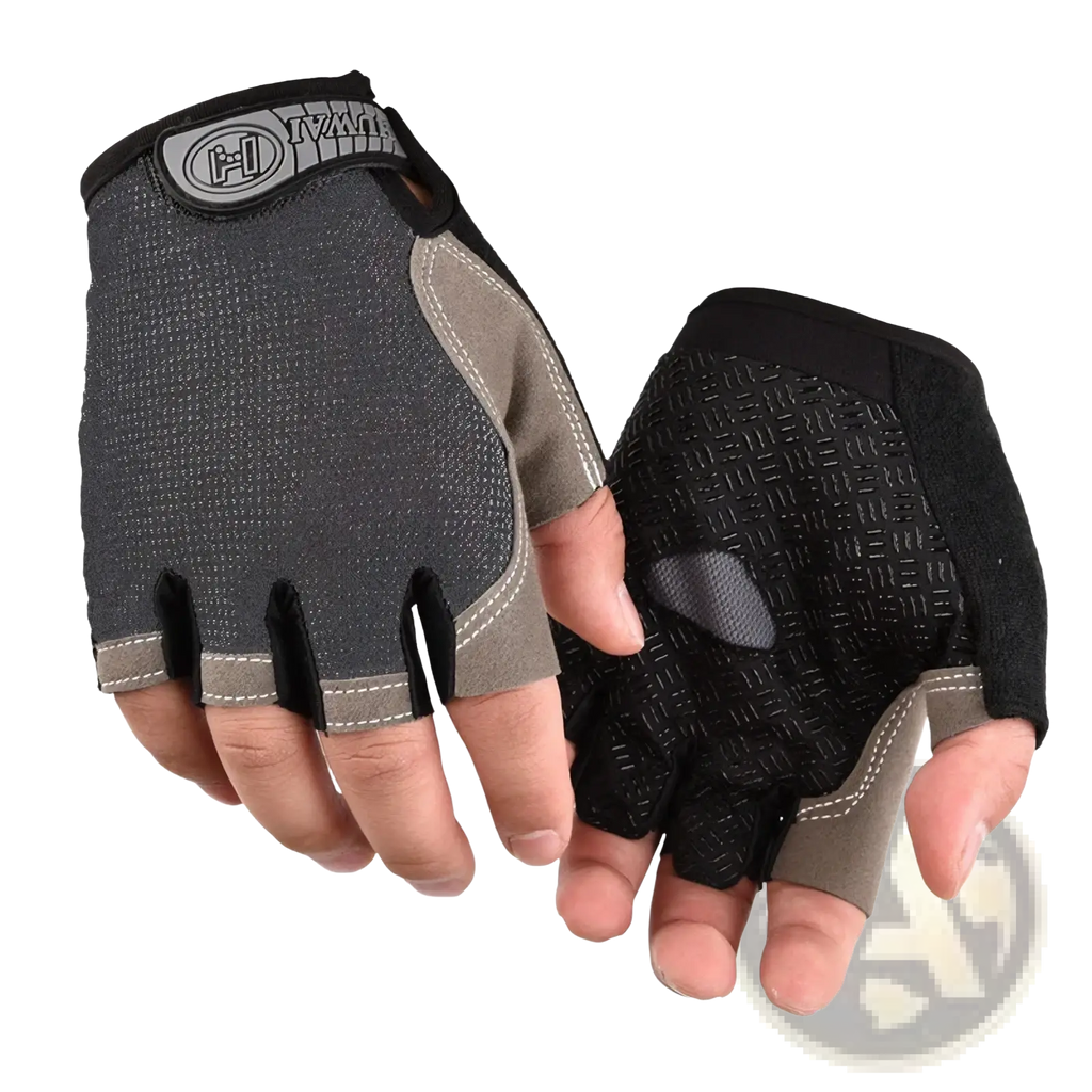 Black and gray breathable fingerless cycling gloves with textured grip panels and reinforced stitching for fitness workouts