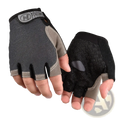 Black and gray breathable fingerless cycling gloves with textured grip panels and reinforced stitching for fitness workouts