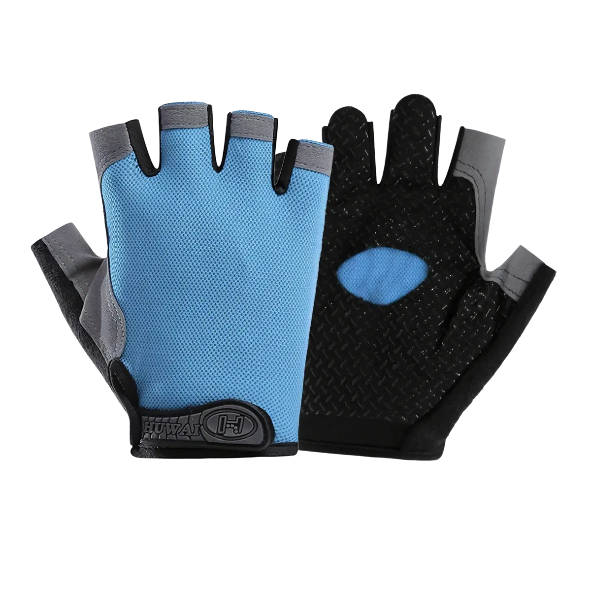 Light blue and black cycling gloves with breathable mesh palm and textured grip designed for fitness workouts
