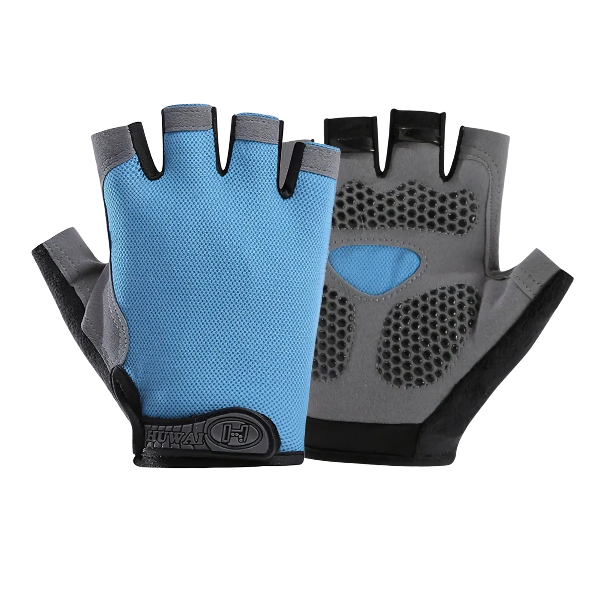 Light blue and gray breathable half finger cycling gloves with black accents and textured grip pads shown from back side