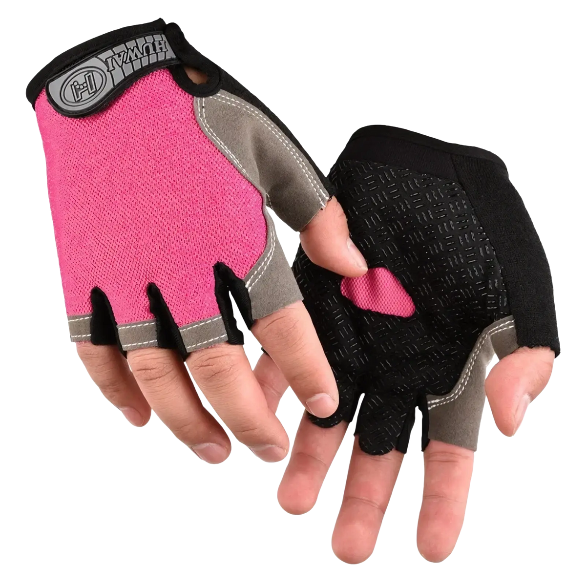 Pink and black fingerless cycling gloves with breathable mesh back and textured palm grip for fitness workout