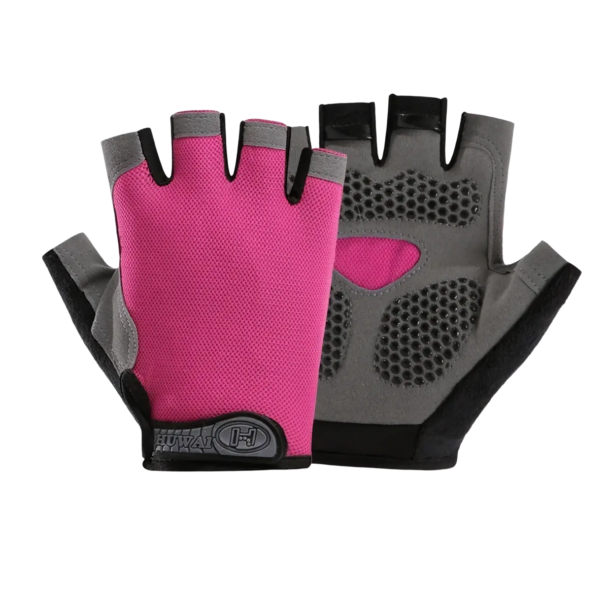 Pink and gray fingerless cycling gloves with breathable material and textured grip pads for fitness workout use