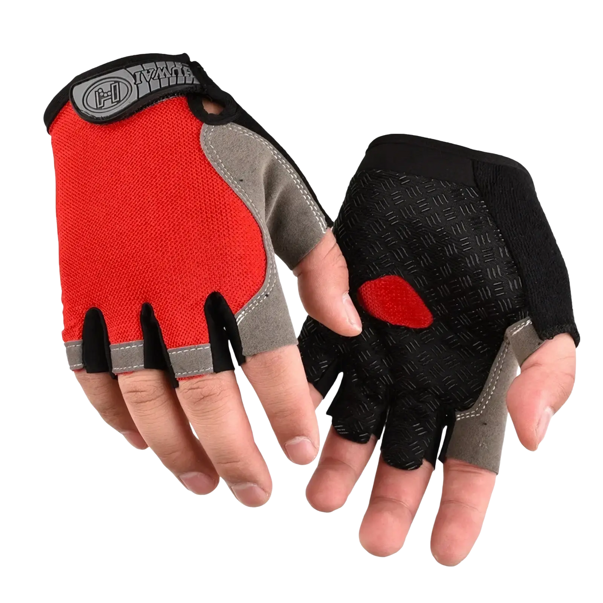 Cycling gloves breathable half finger fitness workout showing back side in red and black with gray mesh design