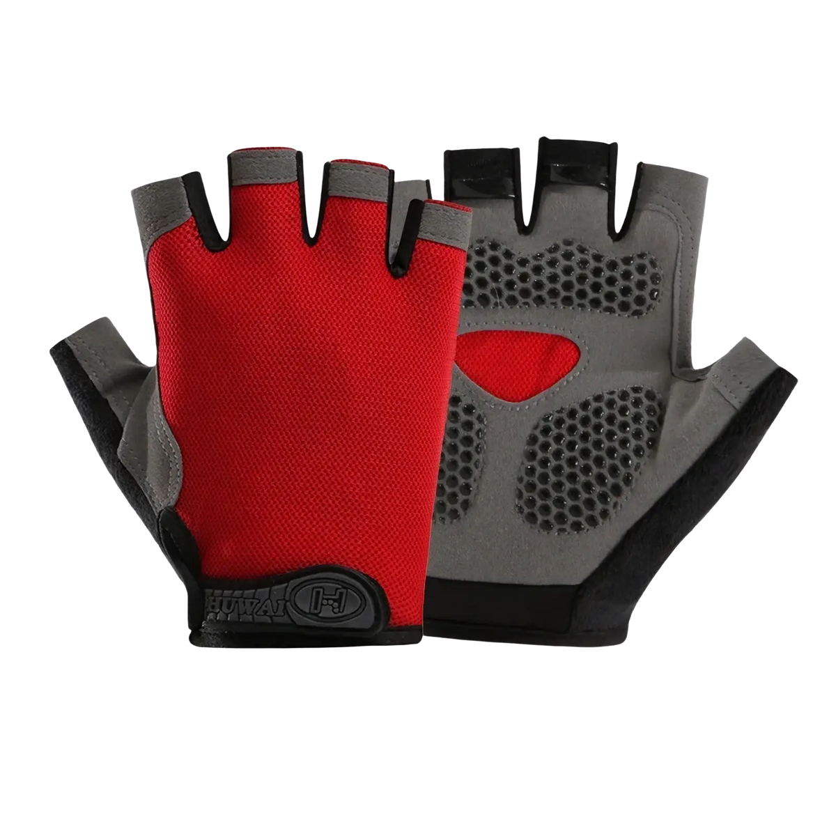 Red and gray breathable half finger cycling gloves with black accents and textured grip pad for fitness workout