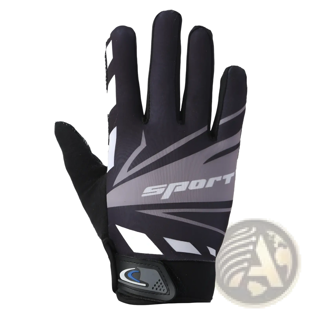 Back side of black and gray sport cycling gloves with white geometric patterns touch screen and non slip features