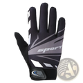 Back side of black and gray sport cycling gloves with white geometric patterns touch screen and non slip features