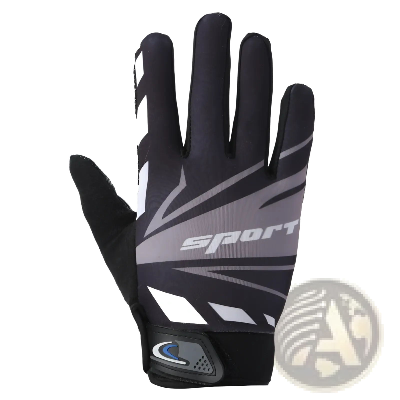 Back side of black and gray sport cycling gloves with white geometric patterns touch screen and non slip features