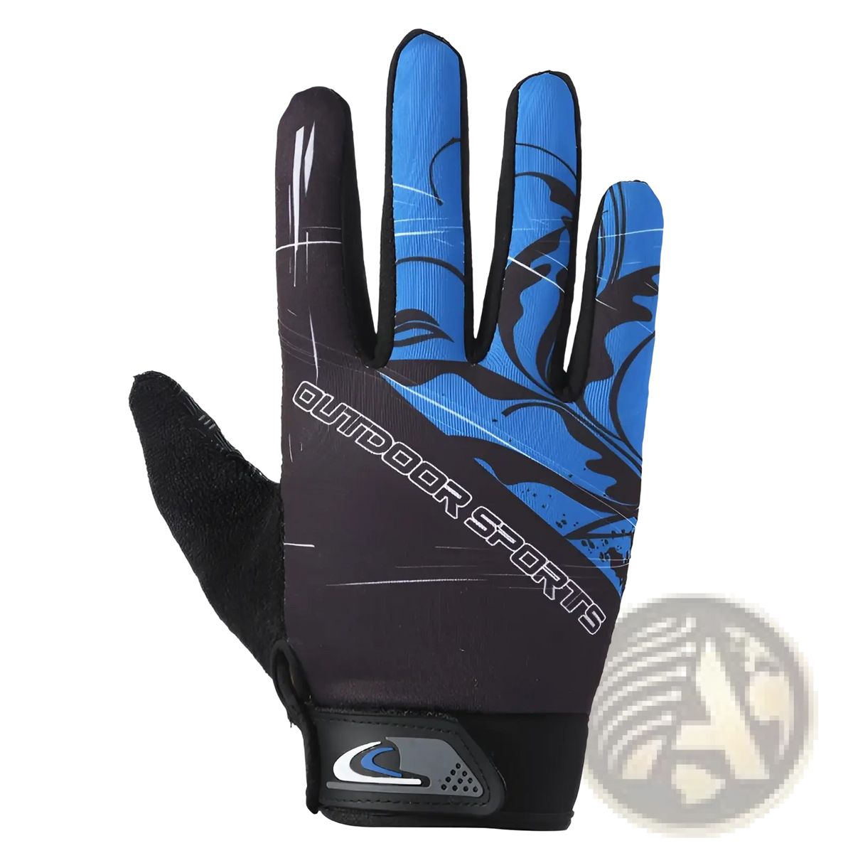 Blue and black cycling glove with flame pattern and outdoor sports branding on backhand touch screen non slip design