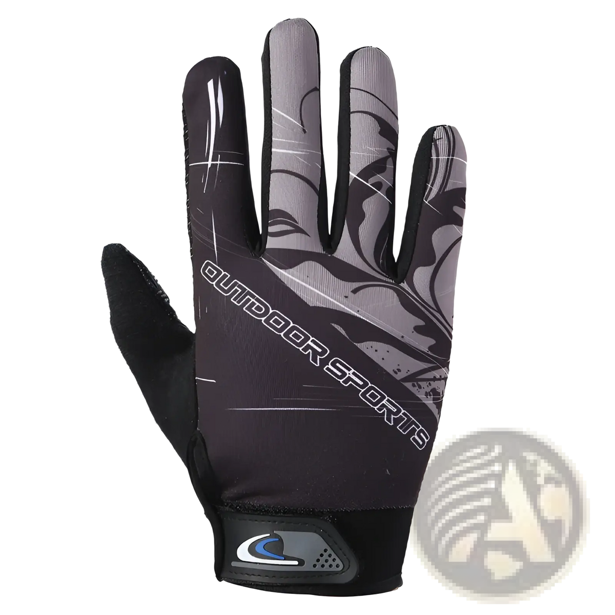 Black and gray cycling gloves back side with flame pattern reinforced fingertips wrist strap touch screen non slip design
