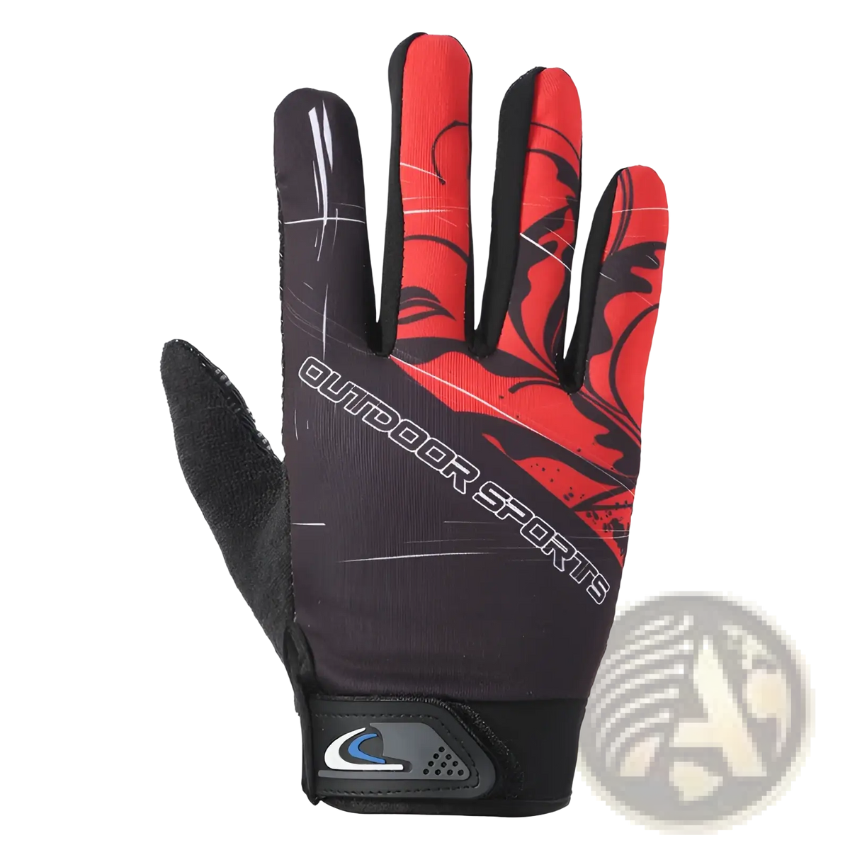 Red and black cycling glove with touch screen and non slip features showing flame design on the back of the hand