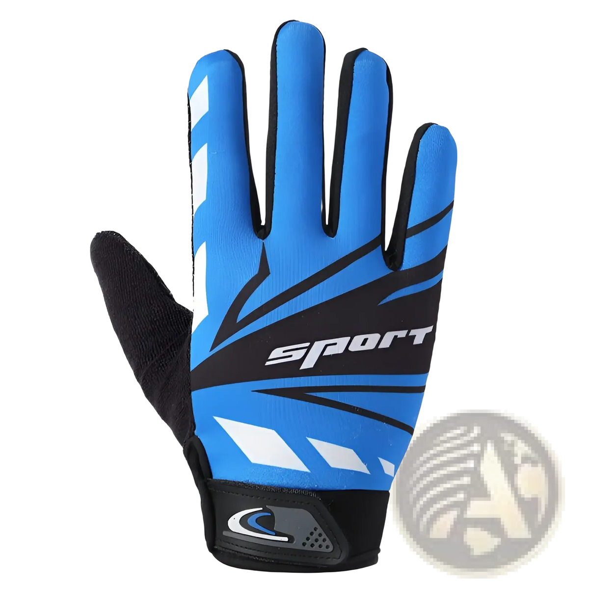 Back side of blue and black cycling gloves with white accents featuring touch screen and non slip athletic design