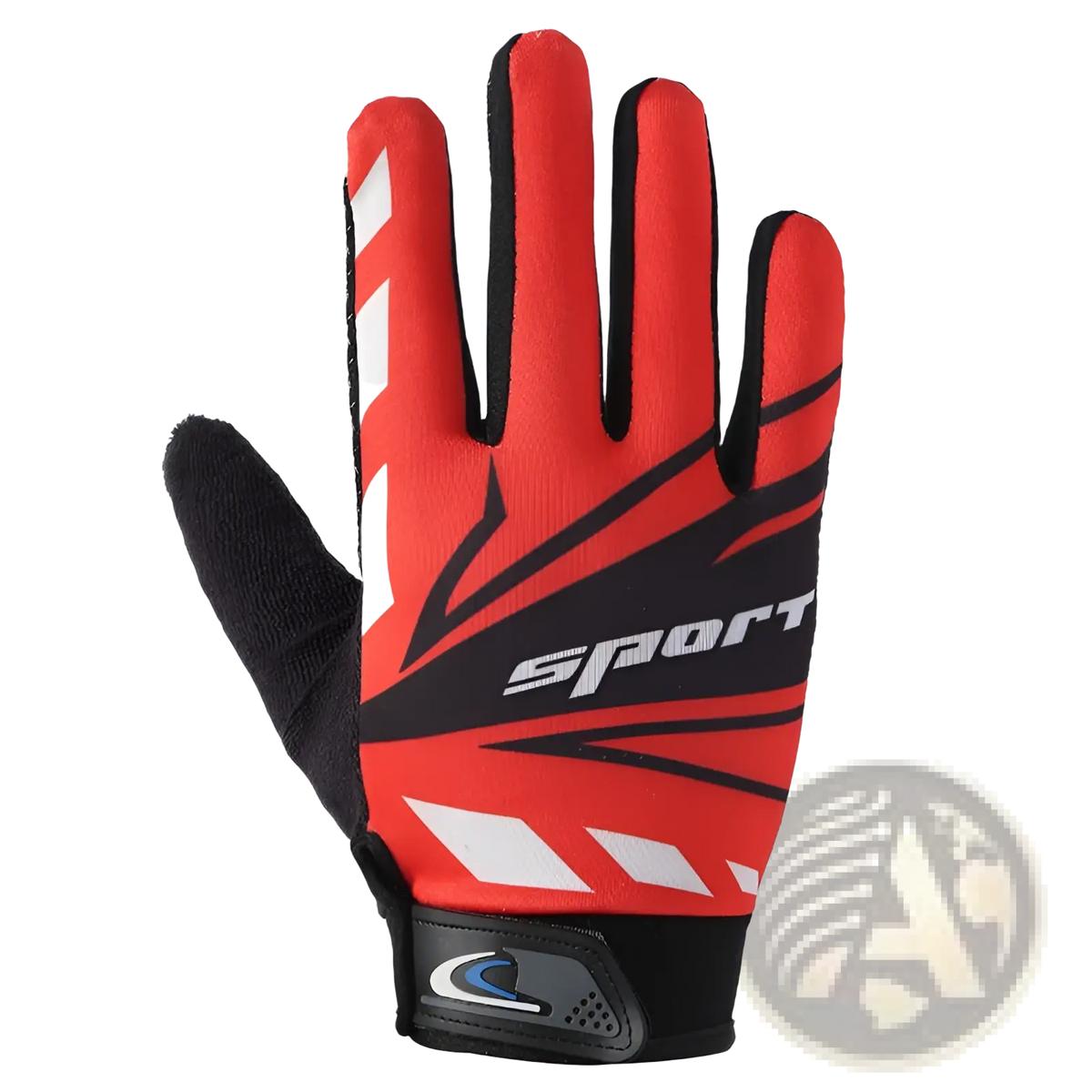 Red and black cycling gloves with white accents featuring a textured palm for non slip grip and touch screen use