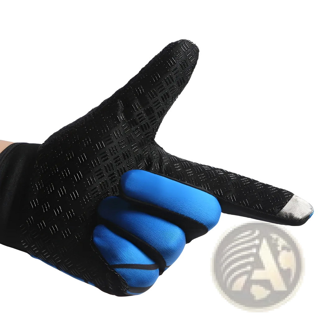 Black and blue touchscreen cycling glove back side with textured fabric and reinforced fingertips for non slip athletic use
