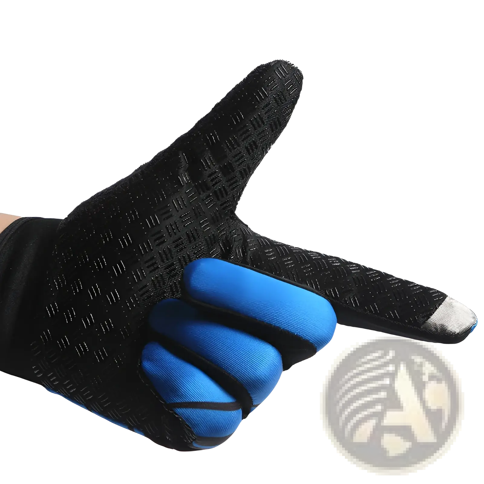 Black and blue touchscreen cycling glove back side with textured fabric and reinforced fingertips for non slip athletic use