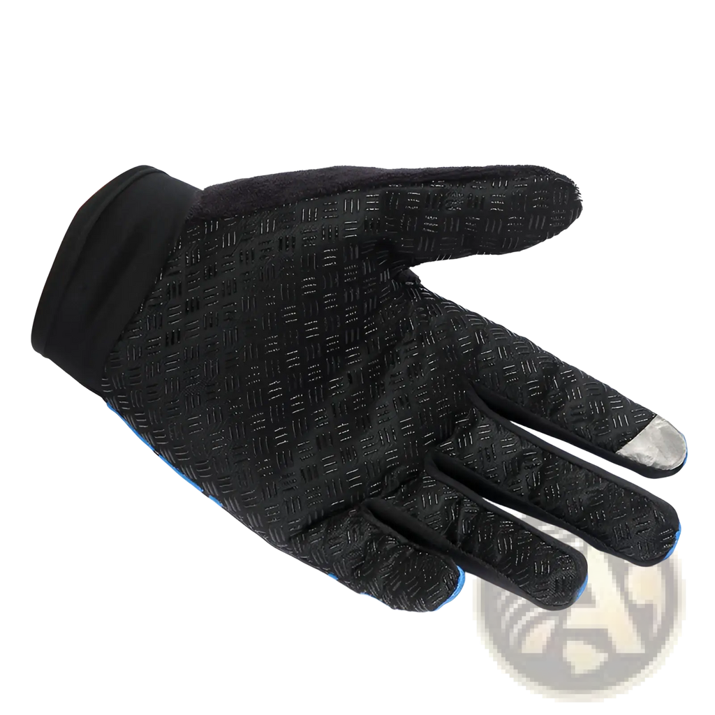Black cycling touchscreen glove with textured diamond-patterned fabric and blue accents for non slip athletic use
