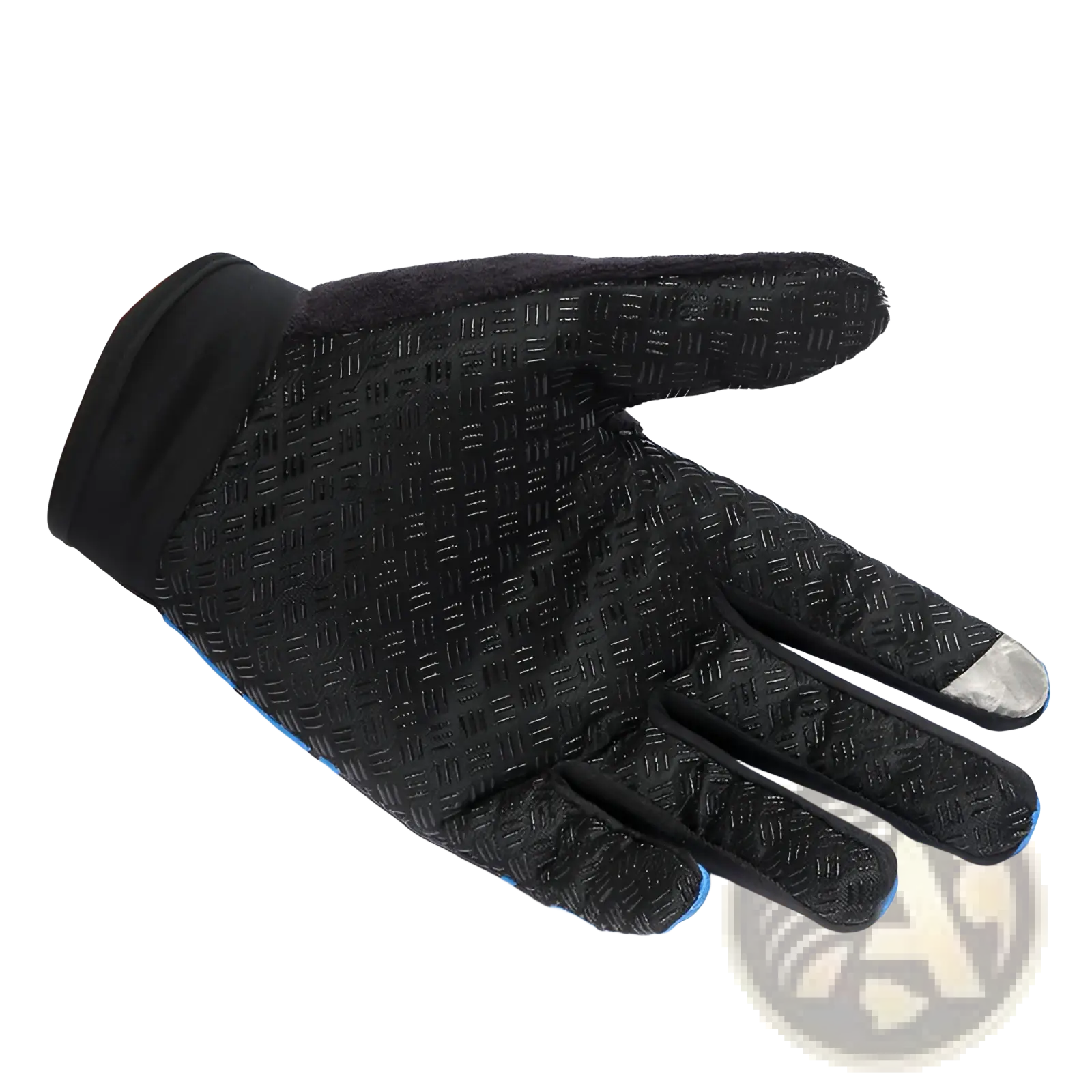 Black cycling touchscreen glove with textured diamond-patterned fabric and blue accents for non slip athletic use