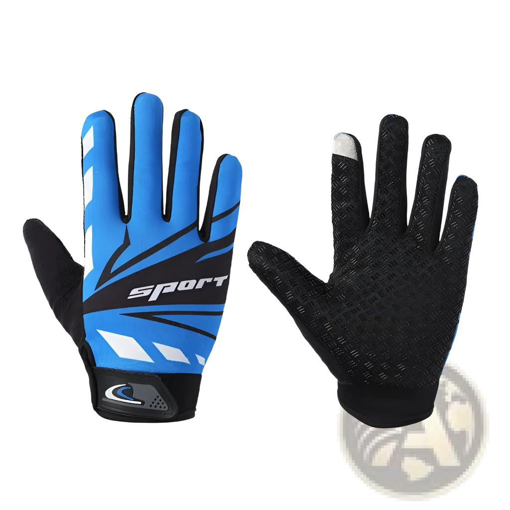 Blue and black cycling gloves with textured non slip grip designed for touch screen athletic use showing back side
