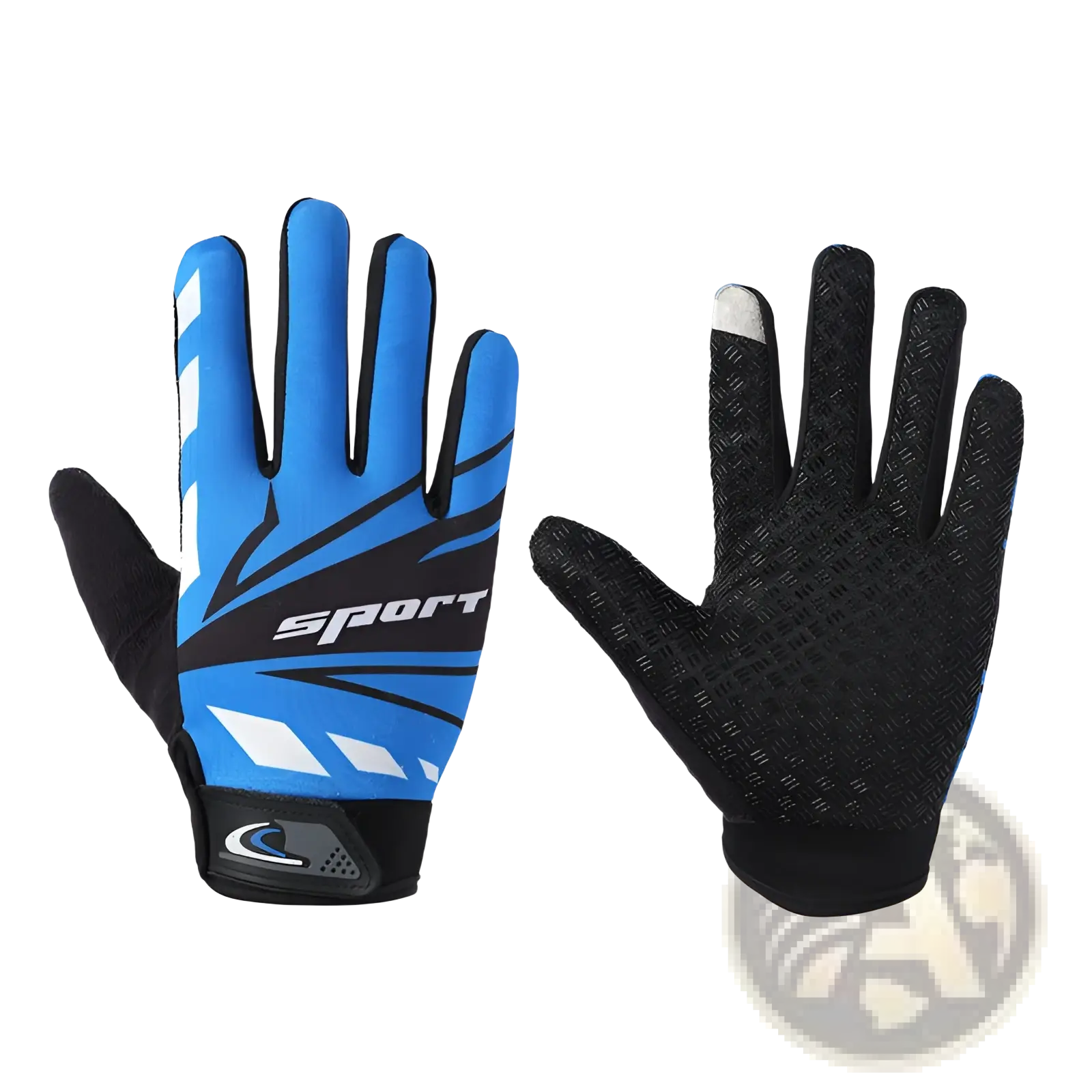 Blue and black cycling gloves with textured non slip grip designed for touch screen athletic use showing back side