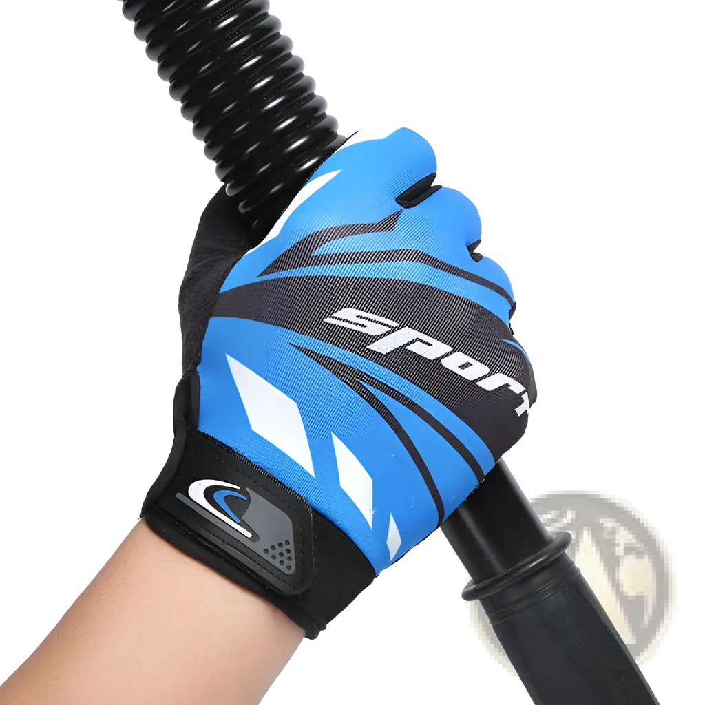 Blue and black cycling gloves with white accents textured grip and touch screen non slip athletic design back side view