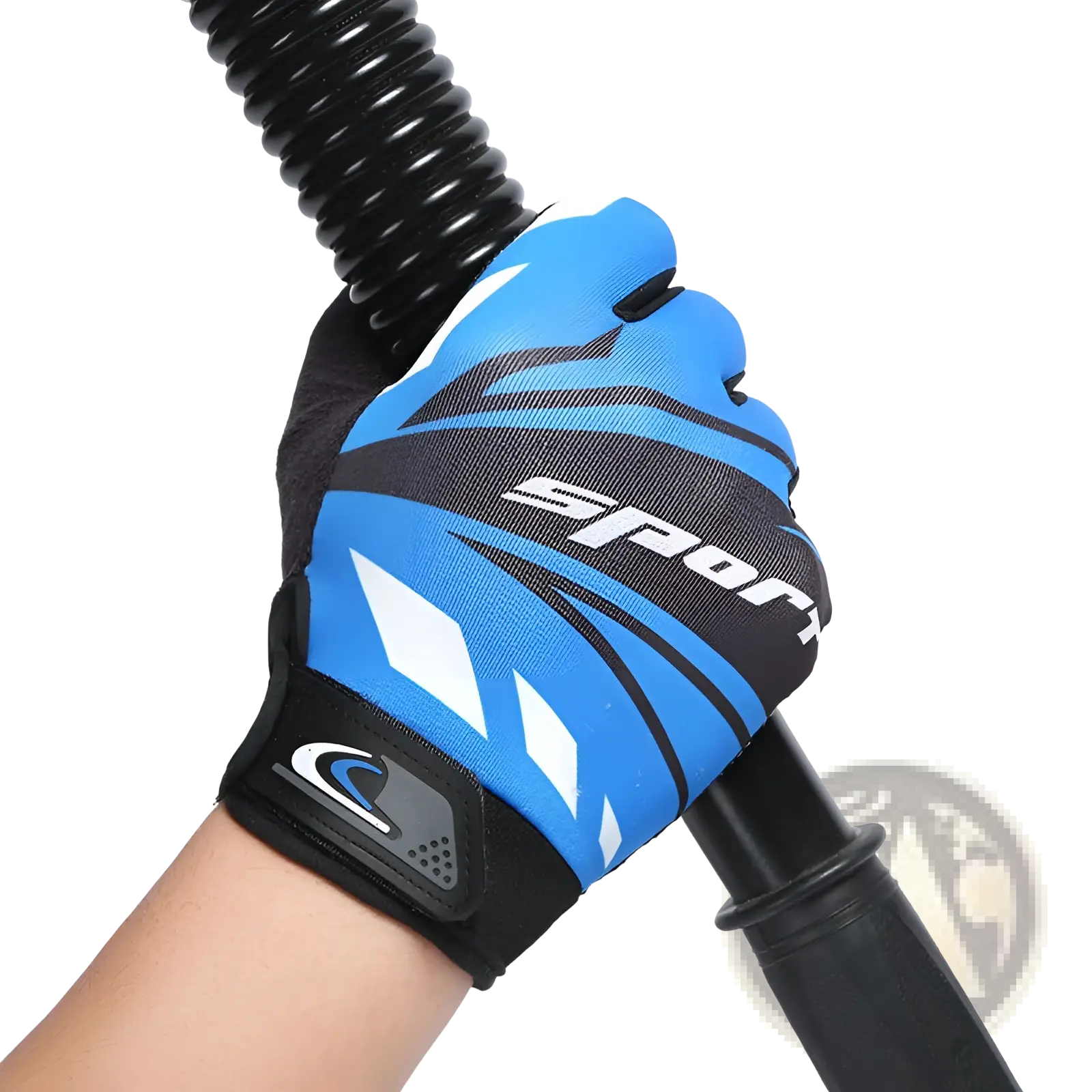 Blue and black cycling gloves with white accents textured grip and touch screen non slip athletic design back side view