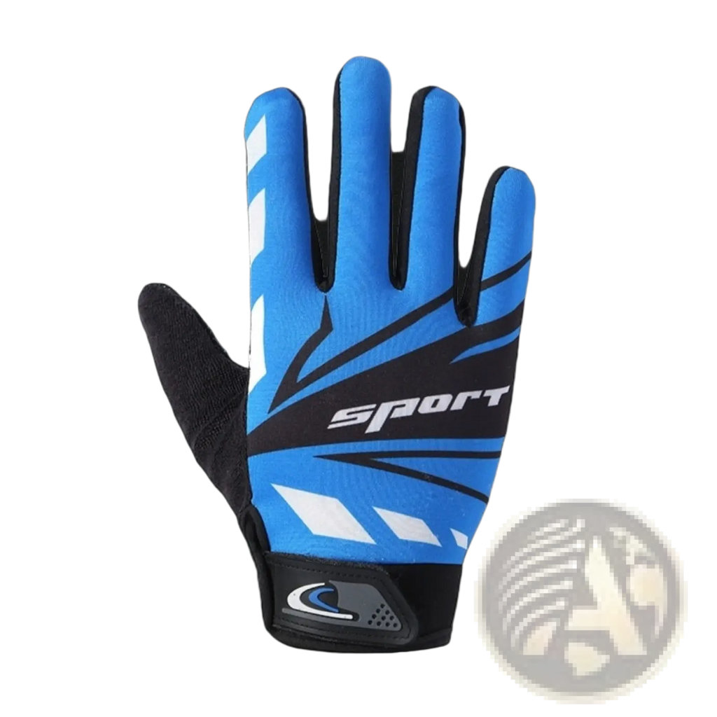 Blue and black athletic cycling glove with white geometric accents and sport logo on backhand for non slip touch screen use