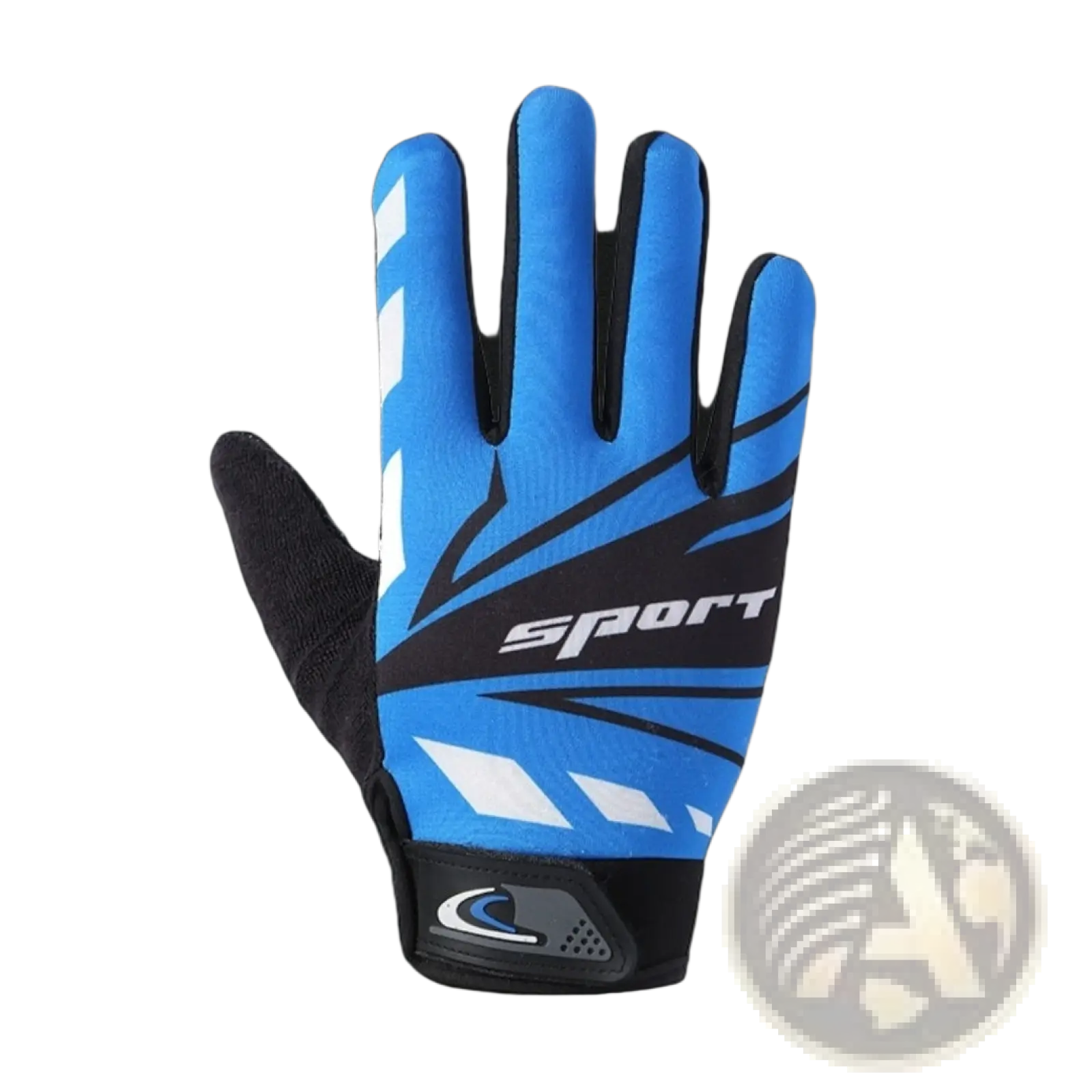 Blue and black athletic cycling glove with white geometric accents and sport logo on backhand for non slip touch screen use