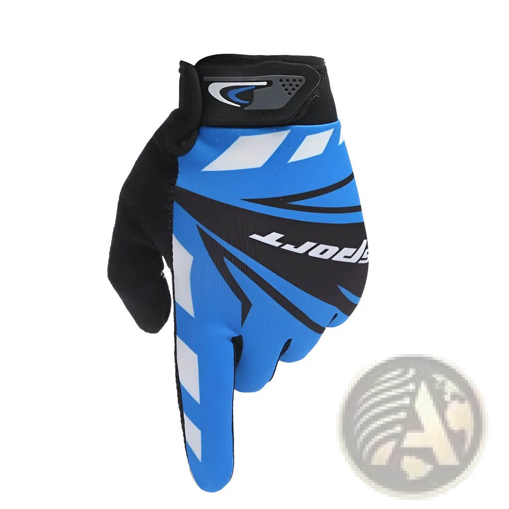Back side of blue and black motocross cycling gloves with white geometric patterns and branded logo non slip touch screen