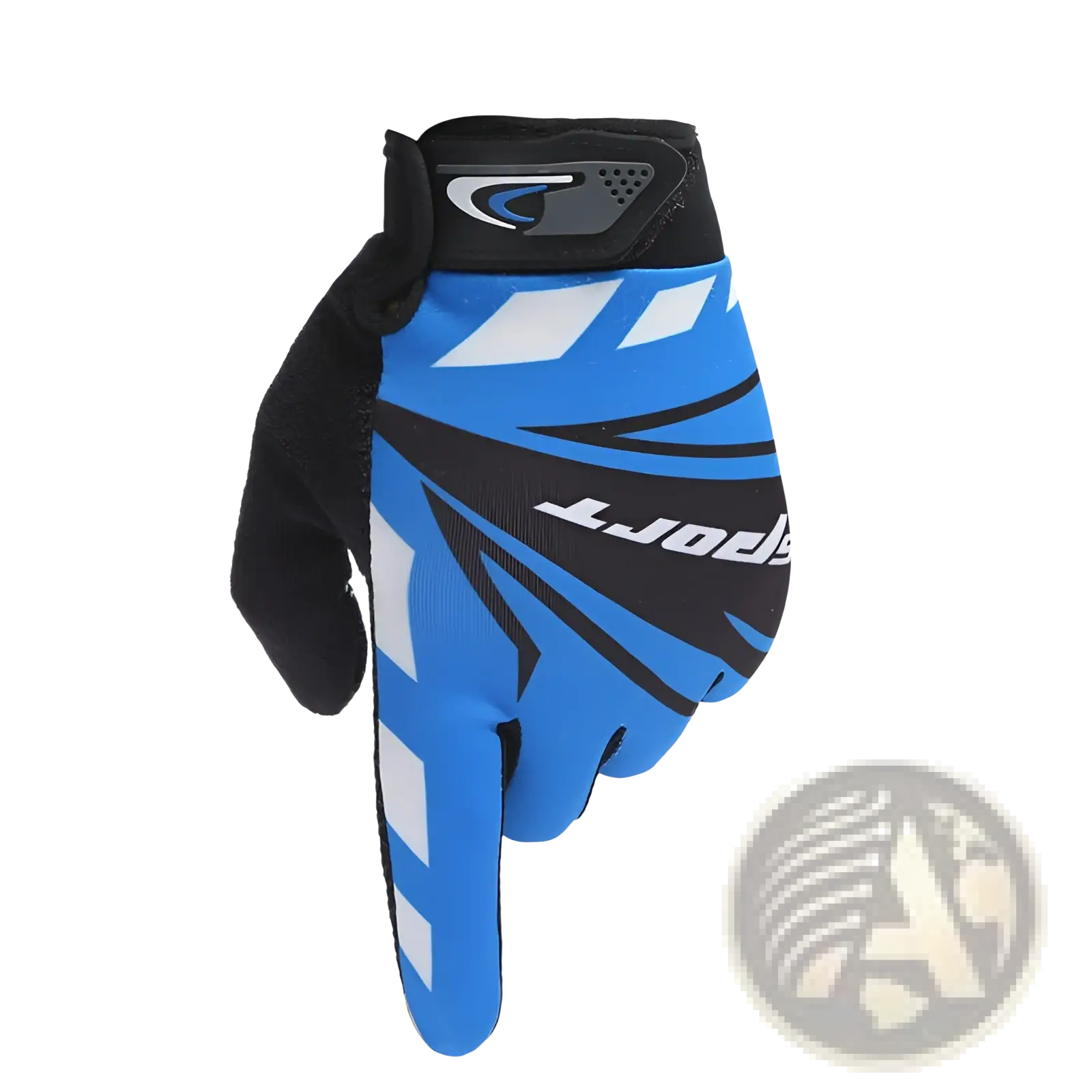 Back side of blue and black motocross cycling gloves with white geometric patterns and branded logo non slip touch screen
