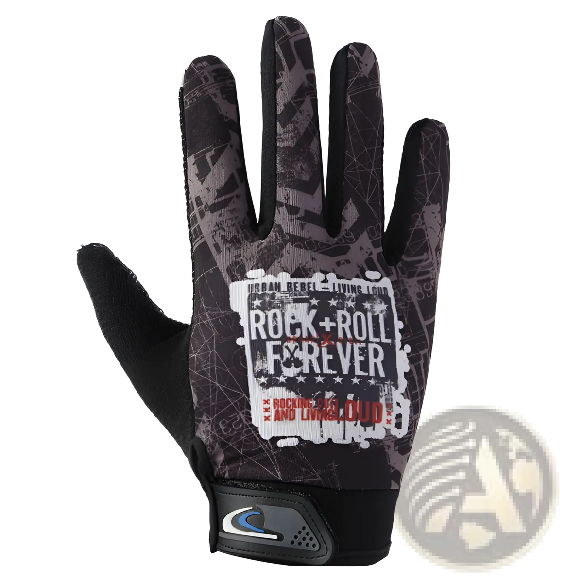 Back view of black and gray patterned cycling gloves with rock plus roll forever patch touch screen non slip design
