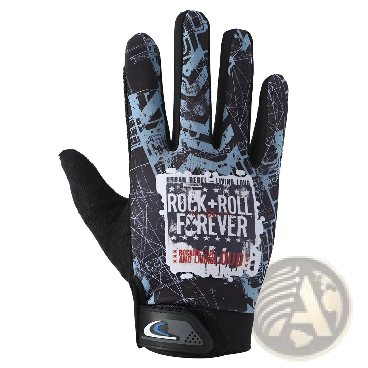 Back side of black and light blue cycling gloves with rock plus roll forever design touch screen athletic non slip features