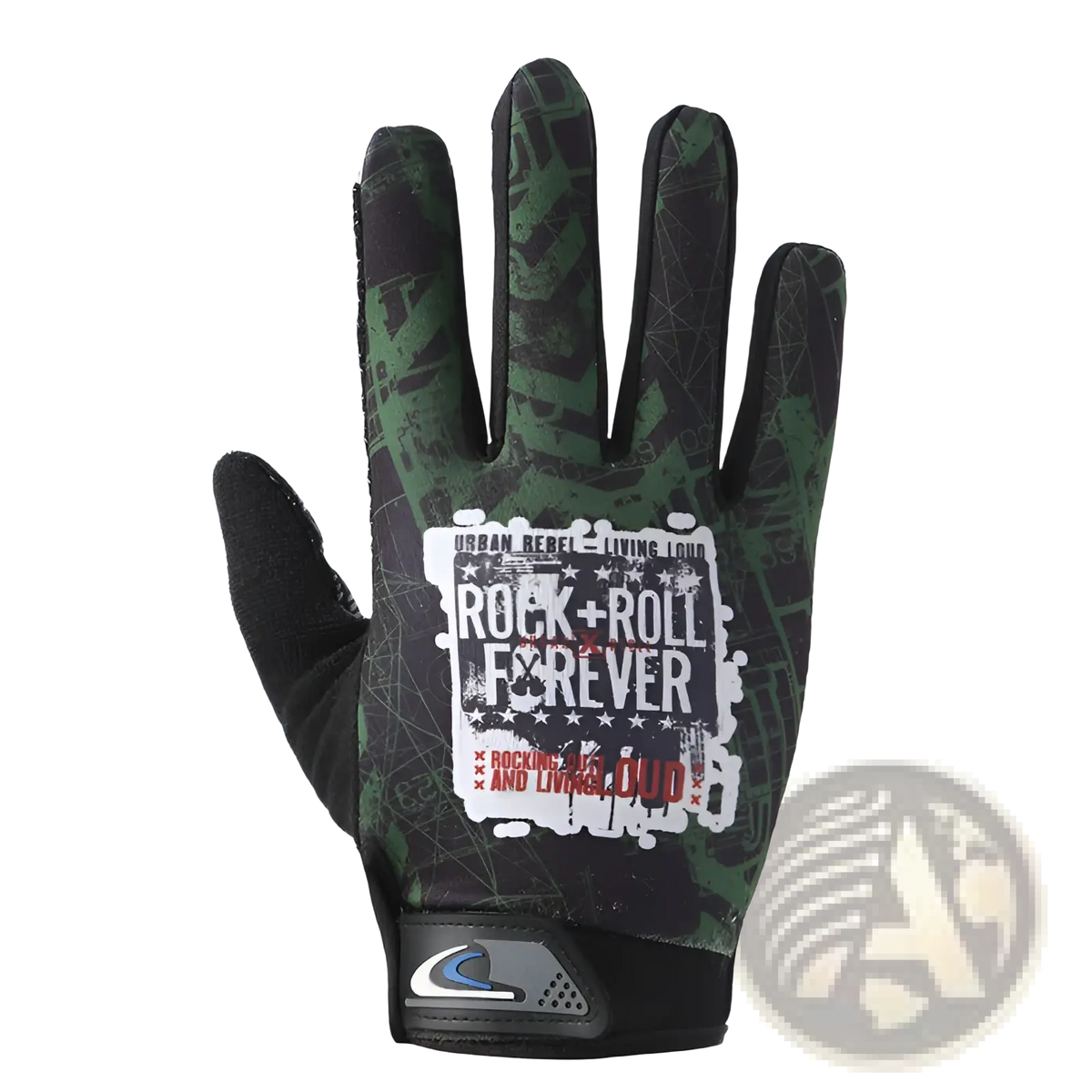 Back side of black and green camouflage touch screen cycling glove with white rock plus roll forever patch and non slip grip
